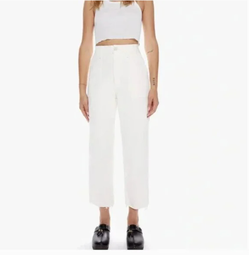 MOTHER Women's Patch Pocket Private Ankle Fray Jeans Size 32. White Raw Hem